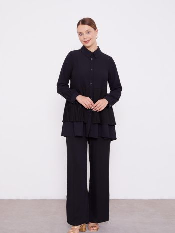 Black Chiffon Pleated Shirt Two-Piece Set