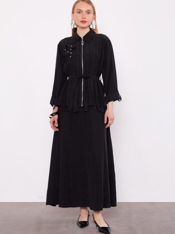 Black Collared Stone Detail Cupra Skirt Set