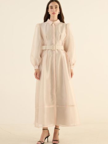 فستان كريب بأكمام من الشيفون الكريمي