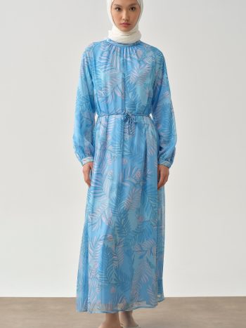 Patterned Chiffon Dress with Knit Belt - Blue