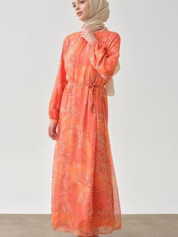 Patterned Chiffon Dress with Knit Belt - Orange