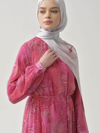 فستان شيفون مزخرف بحزام محبوك - وردي