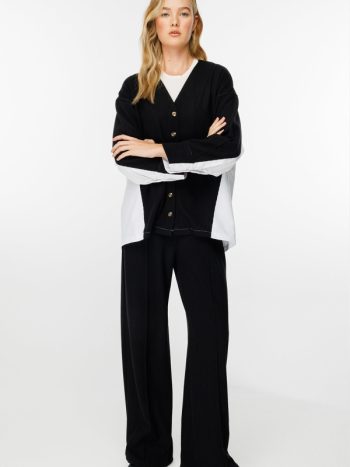 Poplin Knit Cardigan Detail Black Pants Set