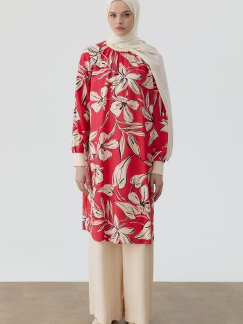 Floral Patterned Tunic with Ribbed Details - Coral