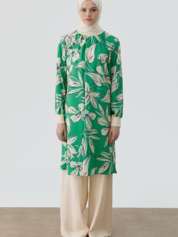 Floral Patterned Tunic with Ribbed Details - Green