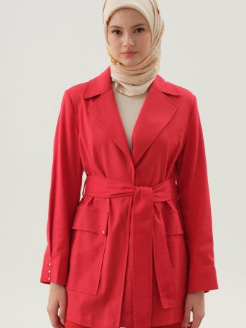 Rivet Detailed Belted Jacket - Red