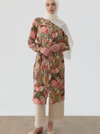 Floral Patterned Tunic with Ruffles - Salmon