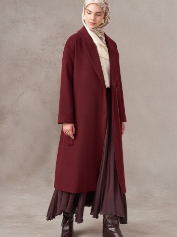 Belted Wool-Blend Coat - Burgundy