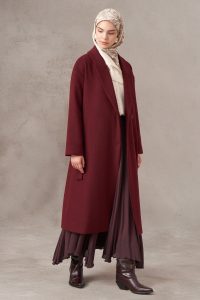 Yün Karışımlı Kuşaklı Kaban - Bordo