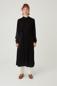 Uzun Robadan Büzgülü Tunik Siyah