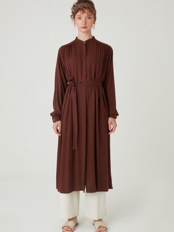 Long Sleeve Pleated Tunic in Bitter Coffee