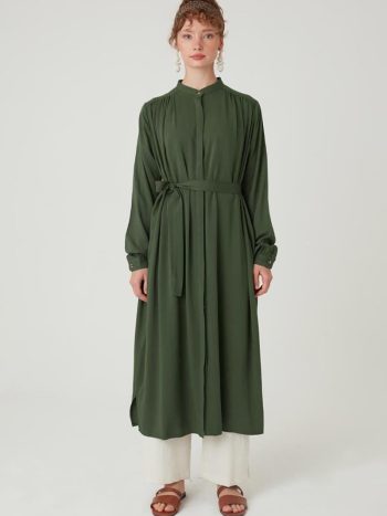 Long Robe Gather-Waist Tunic in Khaki