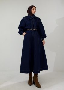 Yaka Bağcıklı Koyu Lacivert Denim Takım
