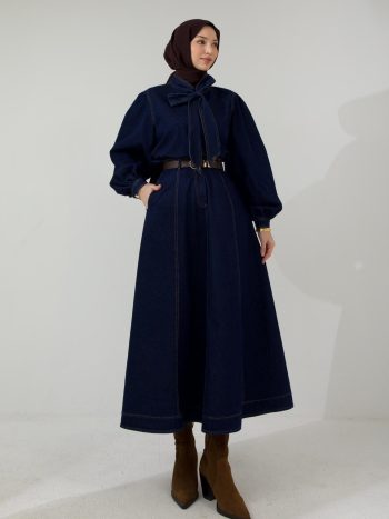 Yaka Bağcıklı Koyu Lacivert Denim Takım