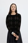 Round Neck Diamond Pattern Knit Cardigan Black