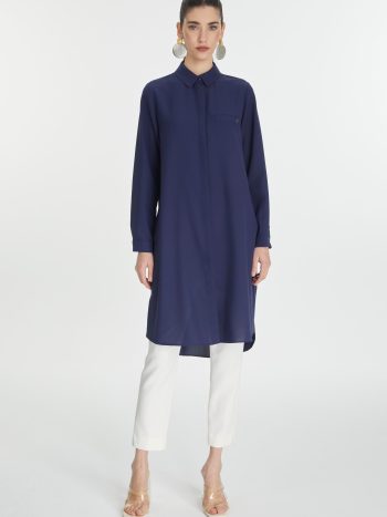 Hidden Button Detail Tunic Navy T-0767