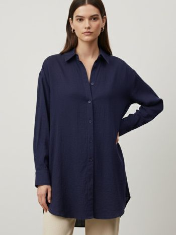 Women's Long Sleeve Button-Down Oversized Shirt - 10744GML - NAVY