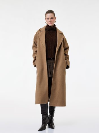 Belted Long Cashmere Coat with Pockets and Long Sleeves