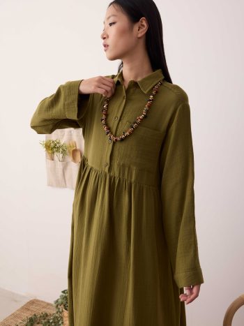 Muslin Waist Gathered Dress Olive Green