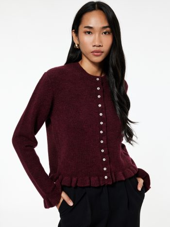 Ruffle Detail Long Sleeve Turtleneck Knit Cardigan