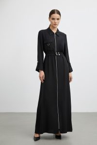 Women's Zippered Shirt Collar Belted Long Dress-12667 - BLACK