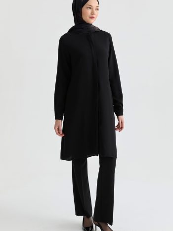 V-Neck Hidden Slit Tunic - Black