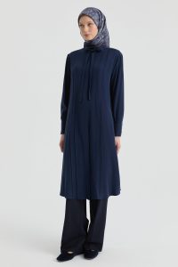 Tunic with Drawstring Neckline Detail - Navy Blue