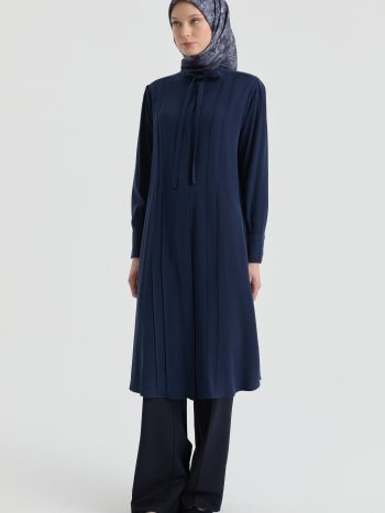 Tunic with Drawstring Neckline Detail - Navy Blue