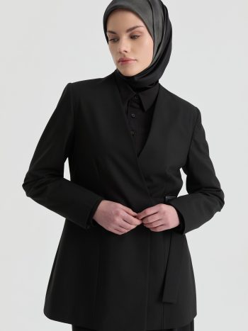 V-Neck Blazer Jacket - Black