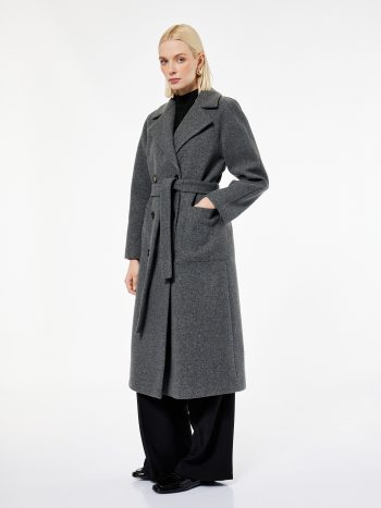 Long Sleeve Pocket Buttoned Cross-Wrap Belted Long Cashmere Coat