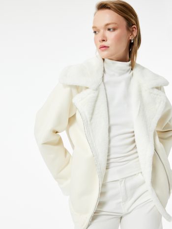 Faux Fur Collar Zippered Pocket Suede-Look Biker Jacket