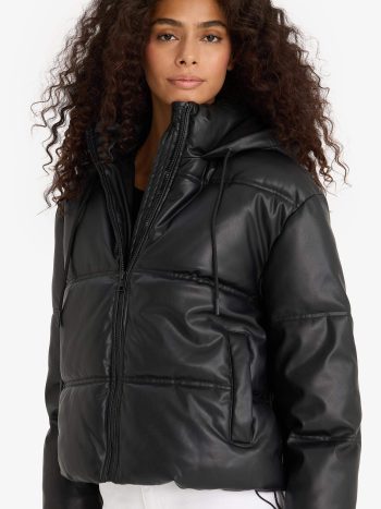 Regular Fit Hooded Faux Leather Jacket with Fleece Lining