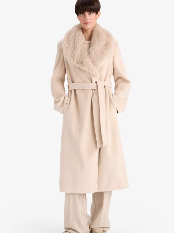 Regular Fit Faux Fur Collar Belted Cashmere Long Coat