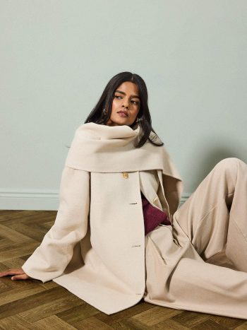 Wool Blend Removable Scarf Relax Fit Buttoned Cashmere Coat