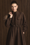 Coffee-Colored Belted Tunnel Detail Dress with Double Pockets