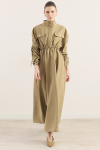 Waist Tunnel Detail Dress with Double Pockets - Olive Green