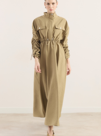 Waist Tunnel Detail Dress with Double Pockets - Olive Green