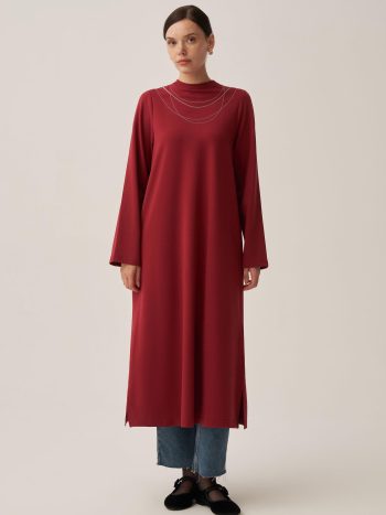 Burgundy Cotton Chain-Embroidered Tunic