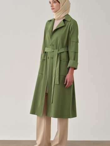 Striped Printed Trench Coat with Pockets - Olive