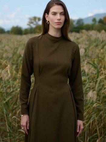 Double Pleated High Neck Dress in Khaki