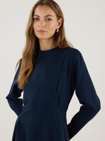 Double Pleated High Neck Dress Navy Blue