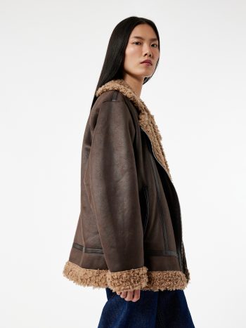 Long Sleeve Zippered Pocket Faux Fur Collar Leather-Look Biker Jacket