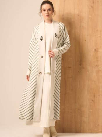 FTZ Women Kadın Düğme Detay Çizgili Hırka  Ekru 25149