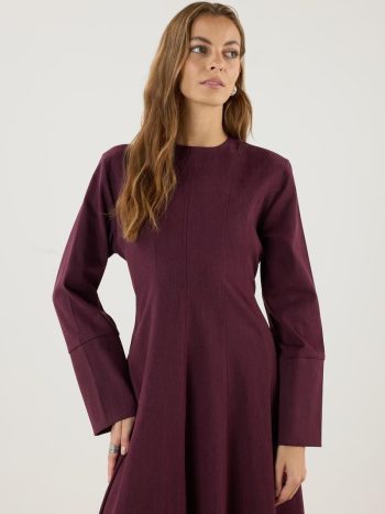 Burgundy A-Line Dress with Wide Cuffs