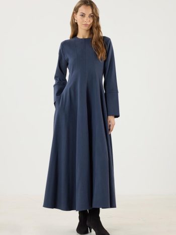Navy Blue Flared Dress with Wide Cuffs