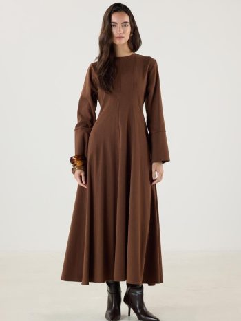 Flared Sleeve A-Line Dress Beige