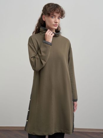 Khaki Leather Trimmed Cotton Long Tunic
