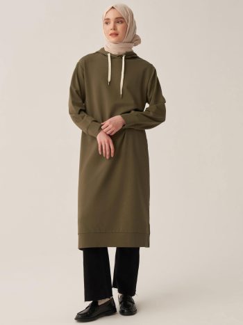 Haki-Kapüşonlu Rahat Tunik