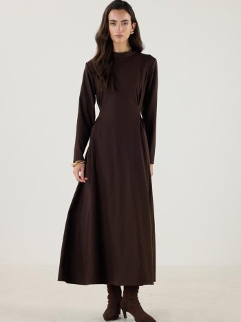 Double Pleated High Neck Dress - Bitter Brown