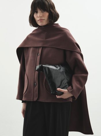 Cashmere-Look Hooded Burgundy Coat with Scarf